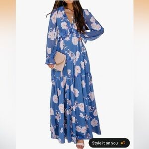 Blue Floral Maxi Dress with Ruffle V-Neck